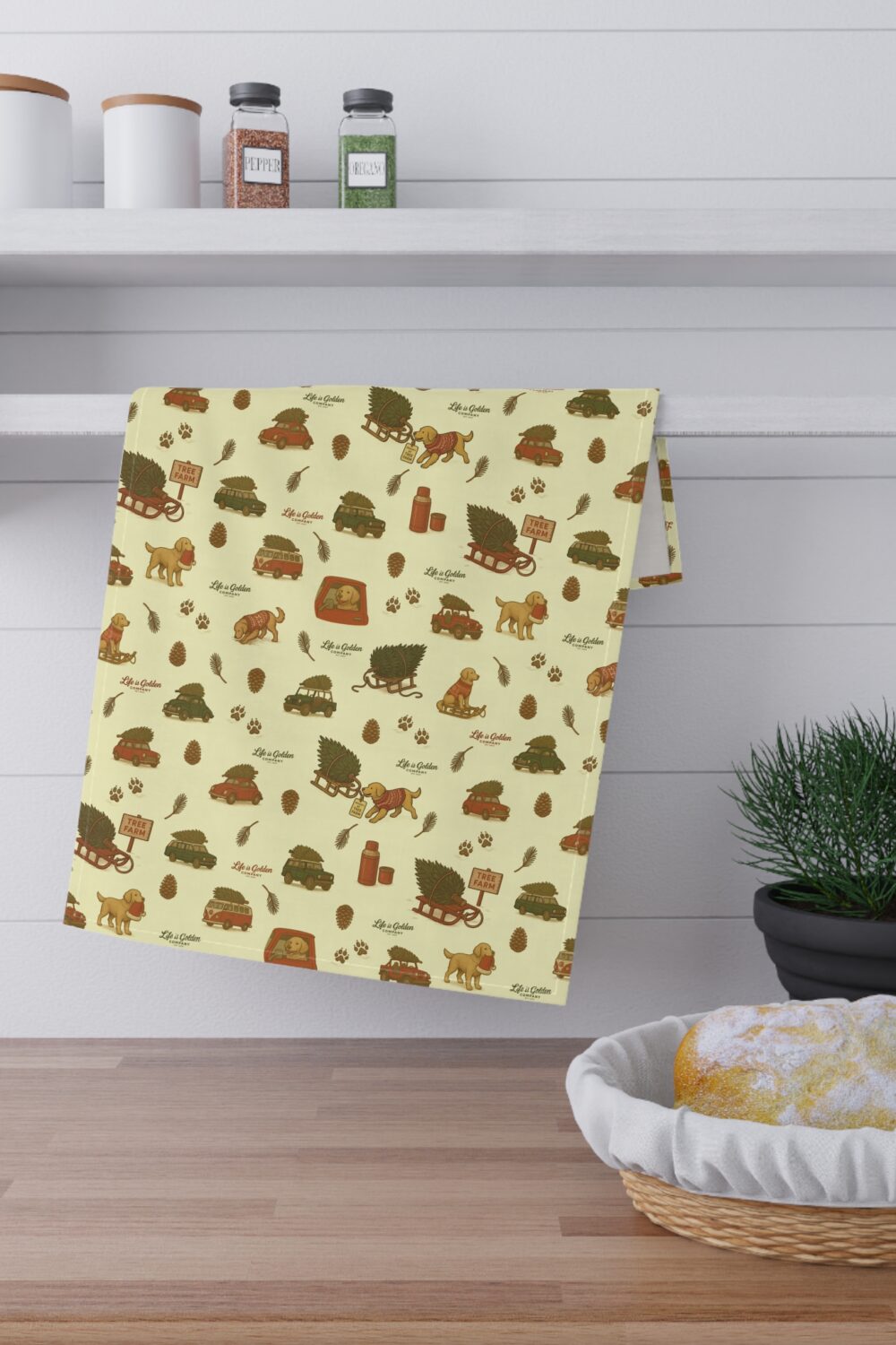 Holiday Shopping Companion Tea Towels (cotton, poly) - Golden Retriever Edition
