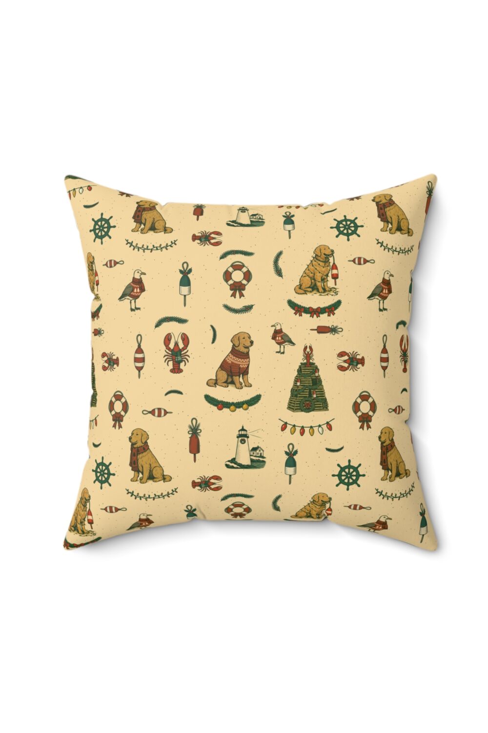 New England Coastal Christmas Decorative Pillow - Golden Retriever Edition