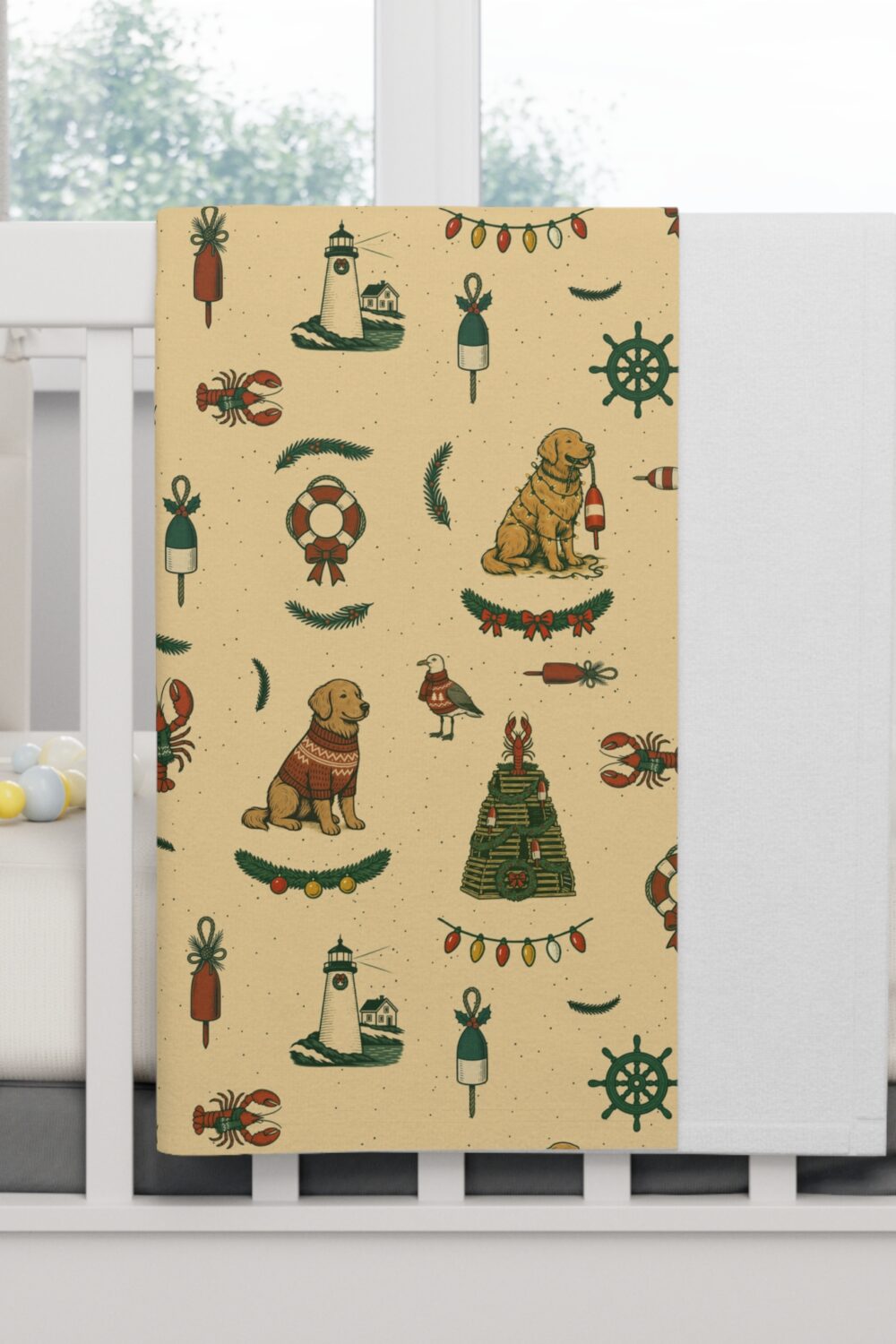 New England Coastal Christmas Cozy Baby Blanket - Golden Retriever Edition