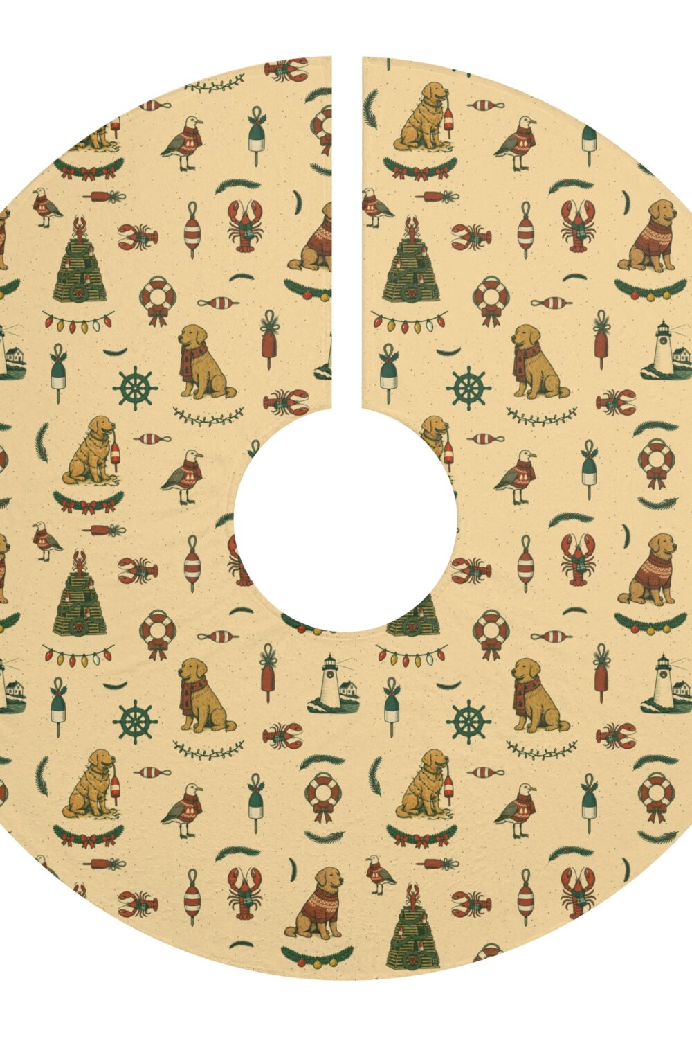 New England Coastal Christmas Tree Skirts - Golden Retriever Edition