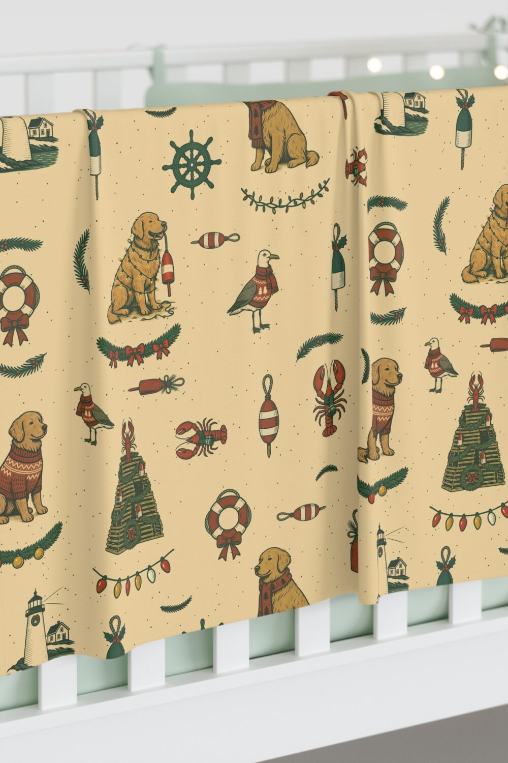 New England Coastal Christmas Baby Swaddle Blanket  - Golden Retriever Edition