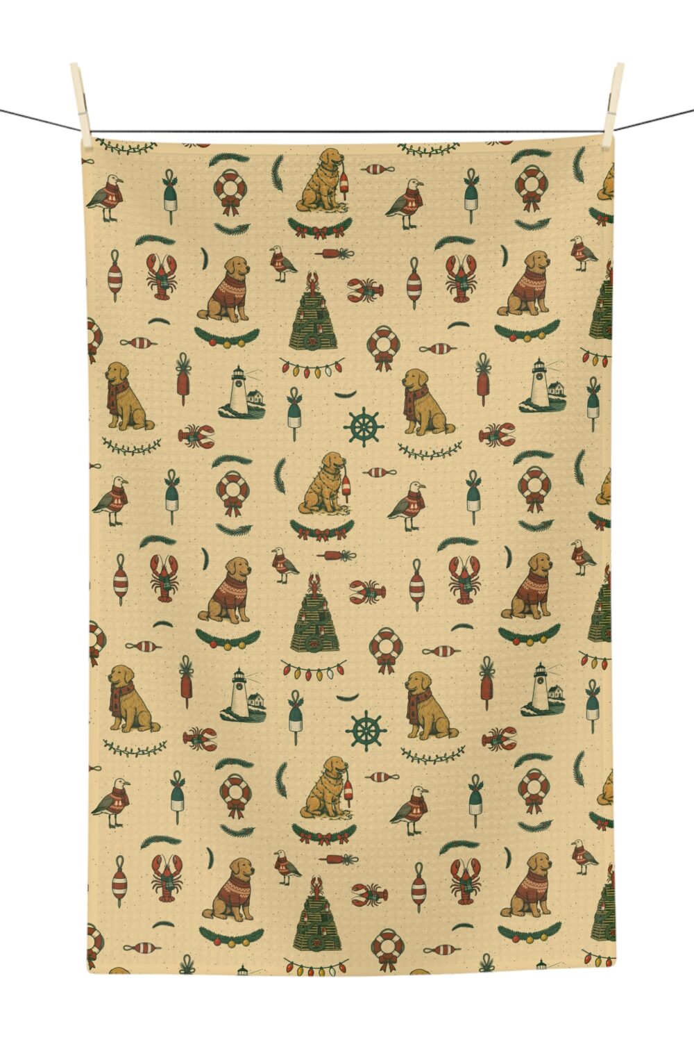 New England Coastal Christmas Microfiber Tea Towel - Golden Retriever Edition
