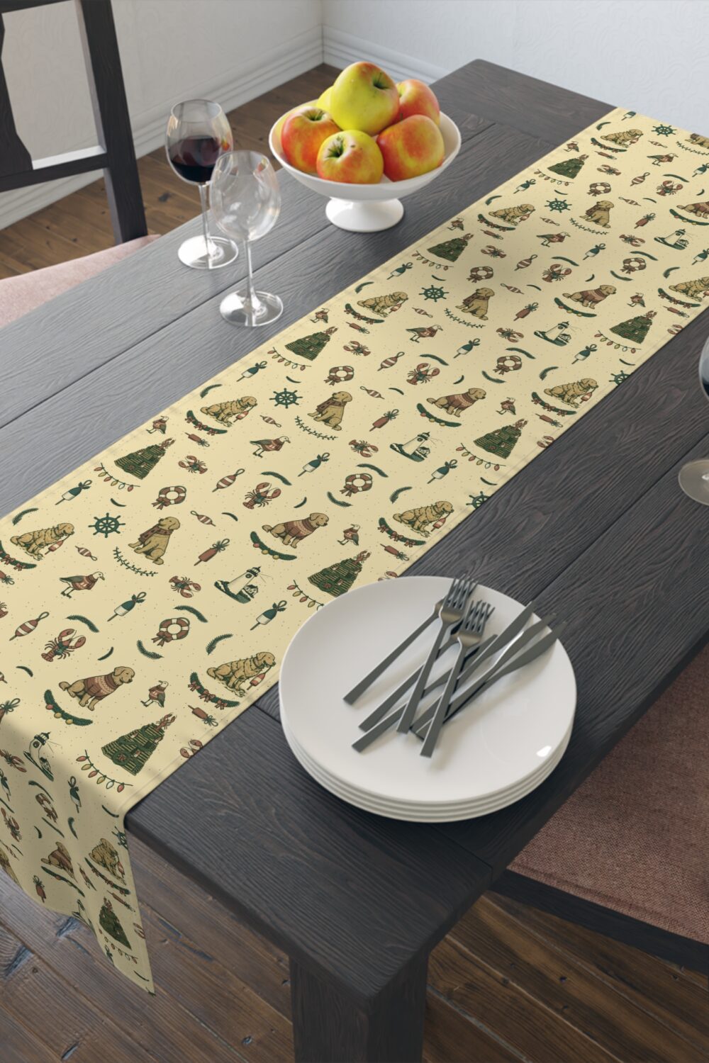 New England Coastal Christmas Table Runner - Golden Retriever Edition