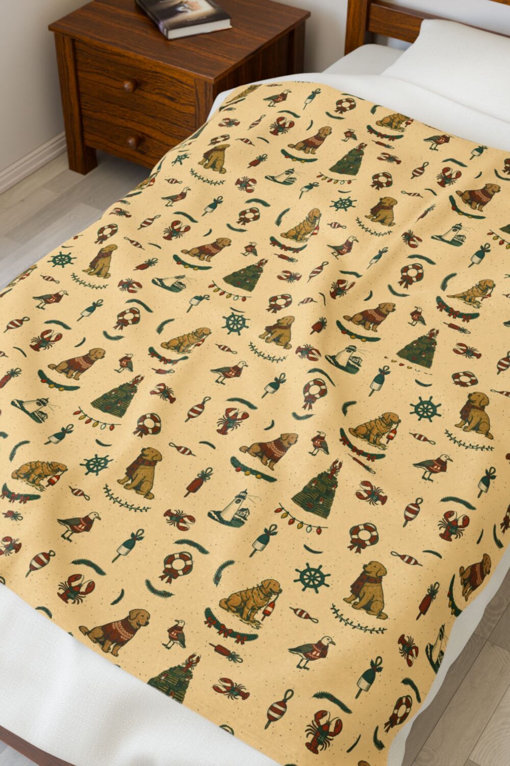 New England Coastal Christmas Velveteen Plush Blanket - Golden Retriever Edition