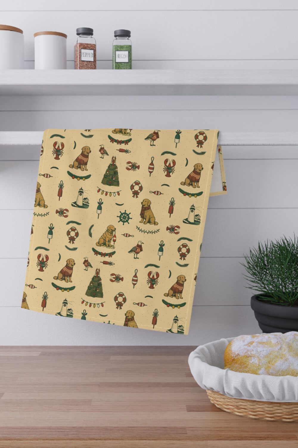New England Coastal Christmas Tea Towels (cotton, poly) - Golden Retriever Edition