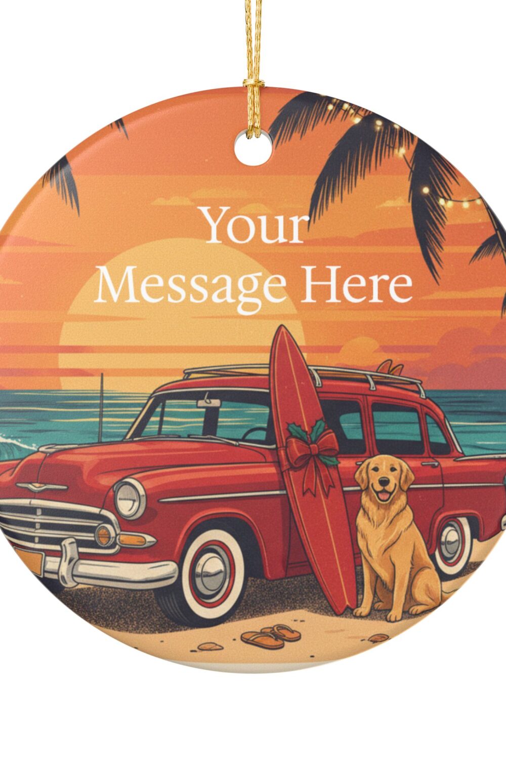 Golden Surf Sleigh Personalized Ceramic Ornament