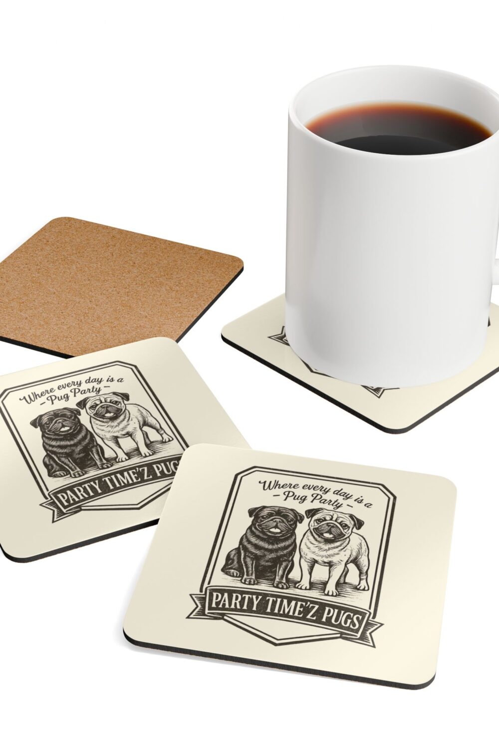 Party Time'Z Pugs Corkwood Coaster Set