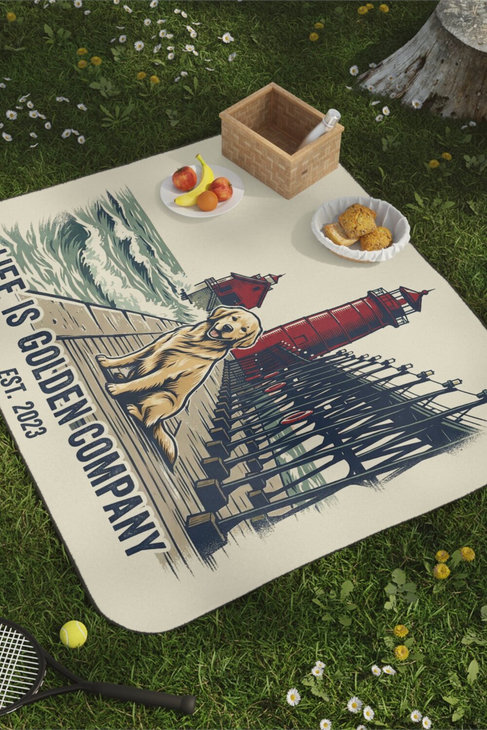 Pier Pup Picnic Blanket with Water Resistant Backing