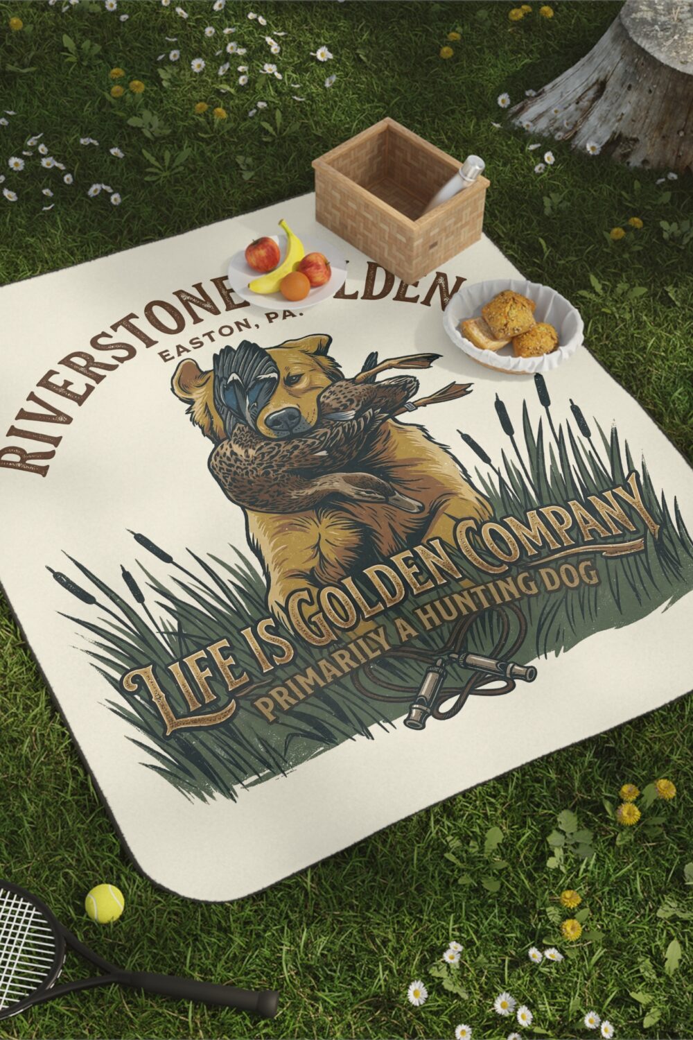 Riverstone Goldens Hunting Picnic Blanket with Water Resistant Backing