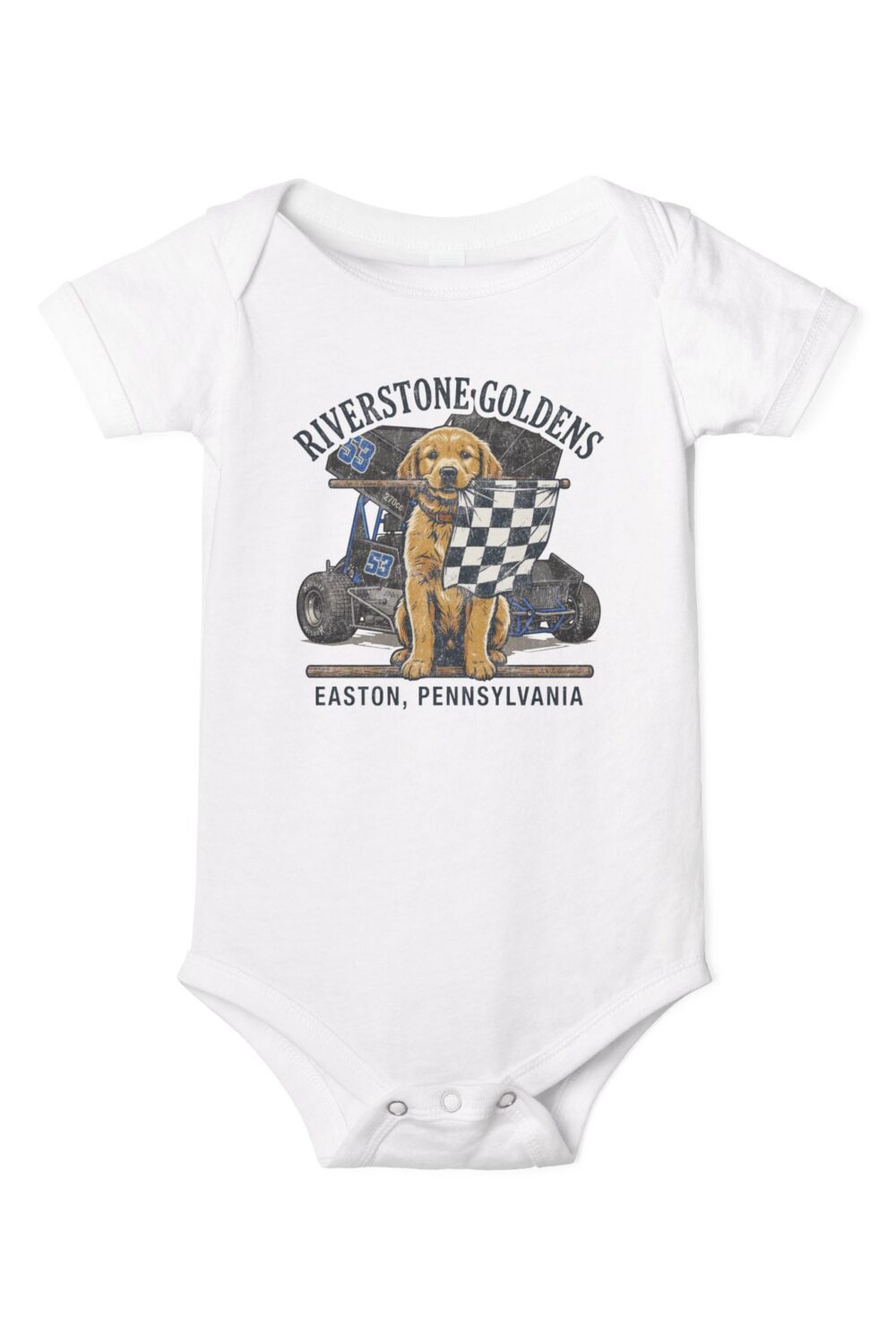 Riverstone Goldens Racing Baby Onesie