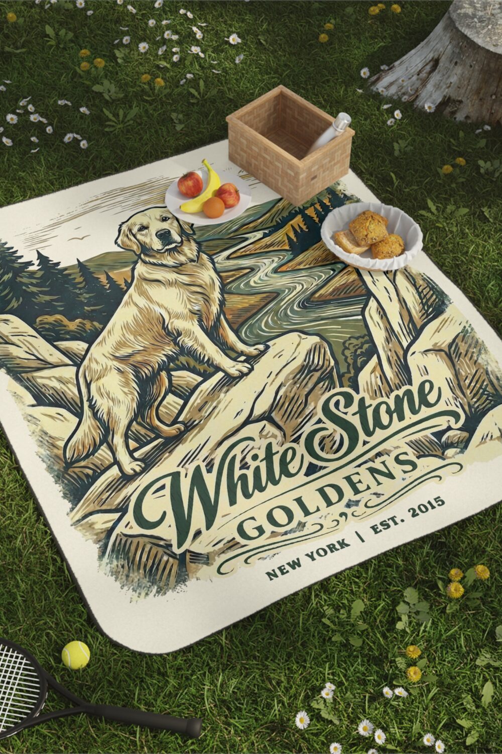 White Stone Goldens Picnic Blanket with Water Resistant Backing