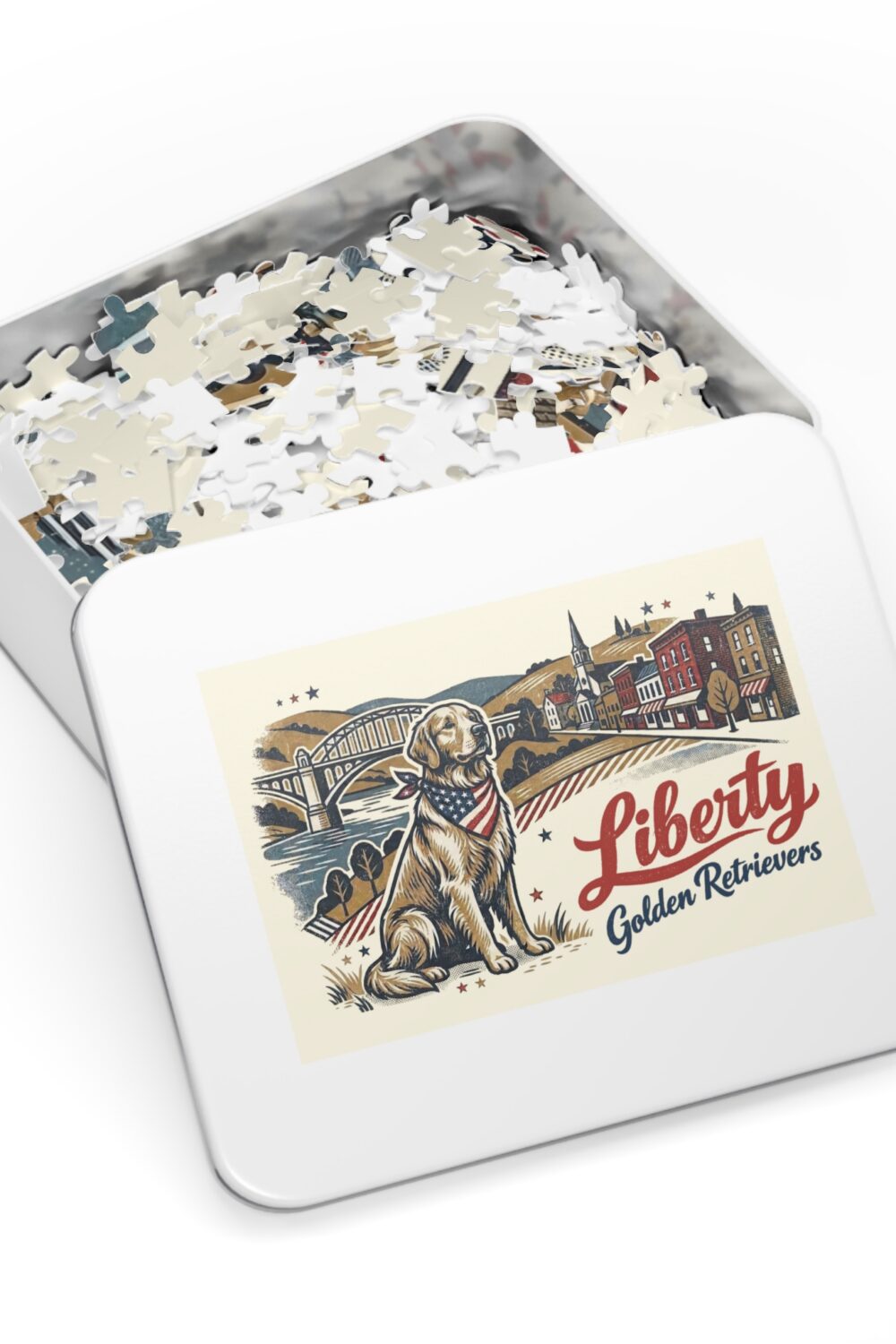 Liberty Golden Retrievers II 1000 piece Jigsaw Puzzle with Tin