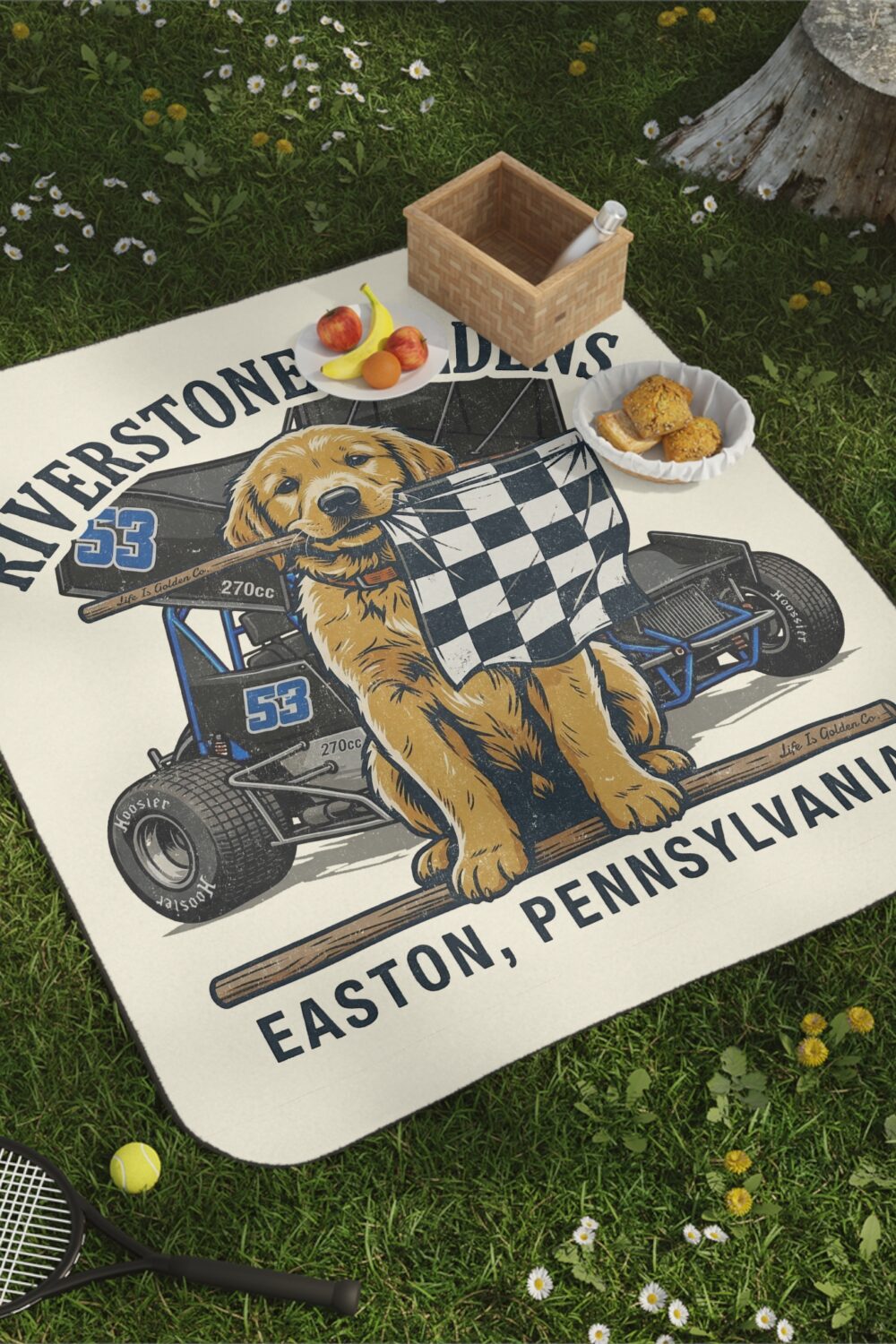 Riverstone Goldens Racing Picnic Blanket with Water Resistant Backing