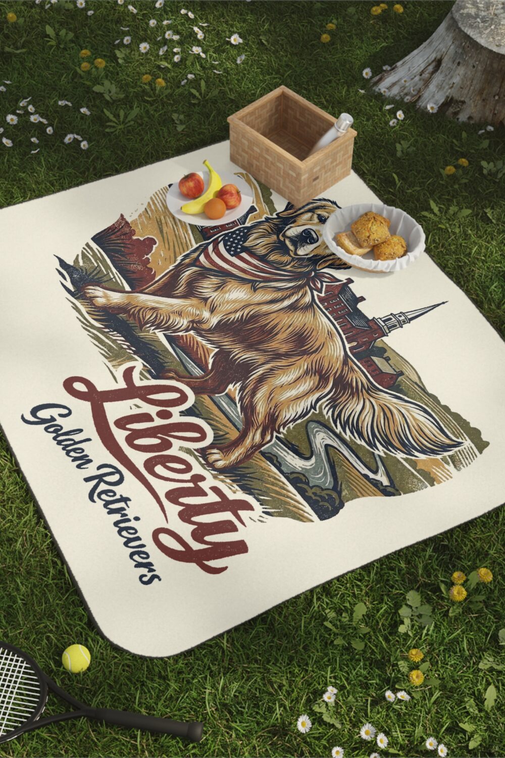 Liberty Golden Retrievers Picnic Blanket with Water Resistant Backing