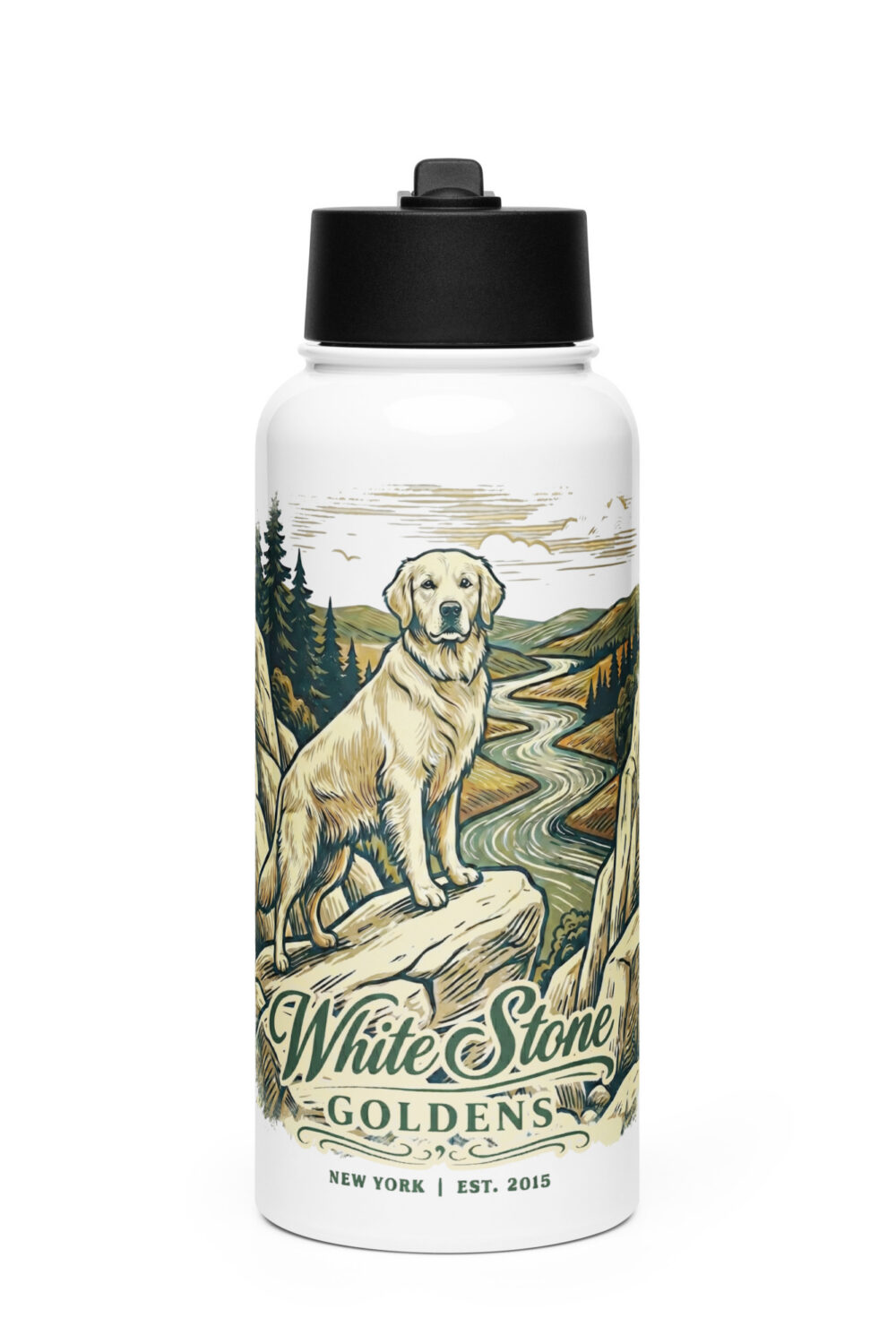 White Stone Goldens Stainless steel water bottle with a straw lid
