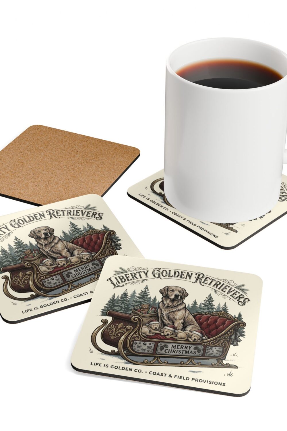 Liberty Goldens Christmas Corkwood Coaster Set