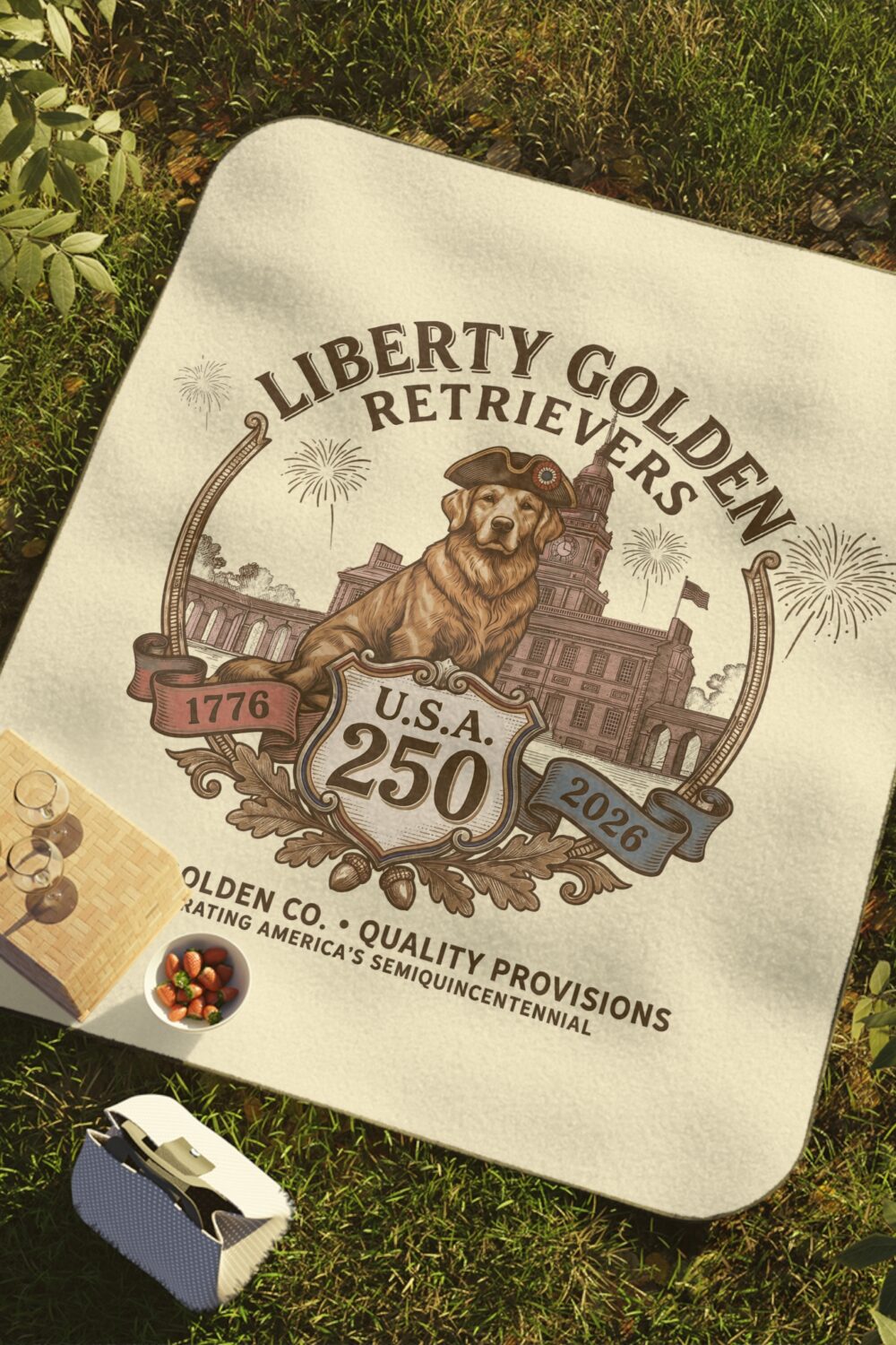 Liberty Goldens Semiquincentennial Picnic Blanket with Water Resistant Backing